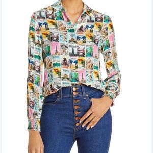 Alice + Olivia Willa Wanderlust Blouse Postcard Travel Print Button Up Shirt XS